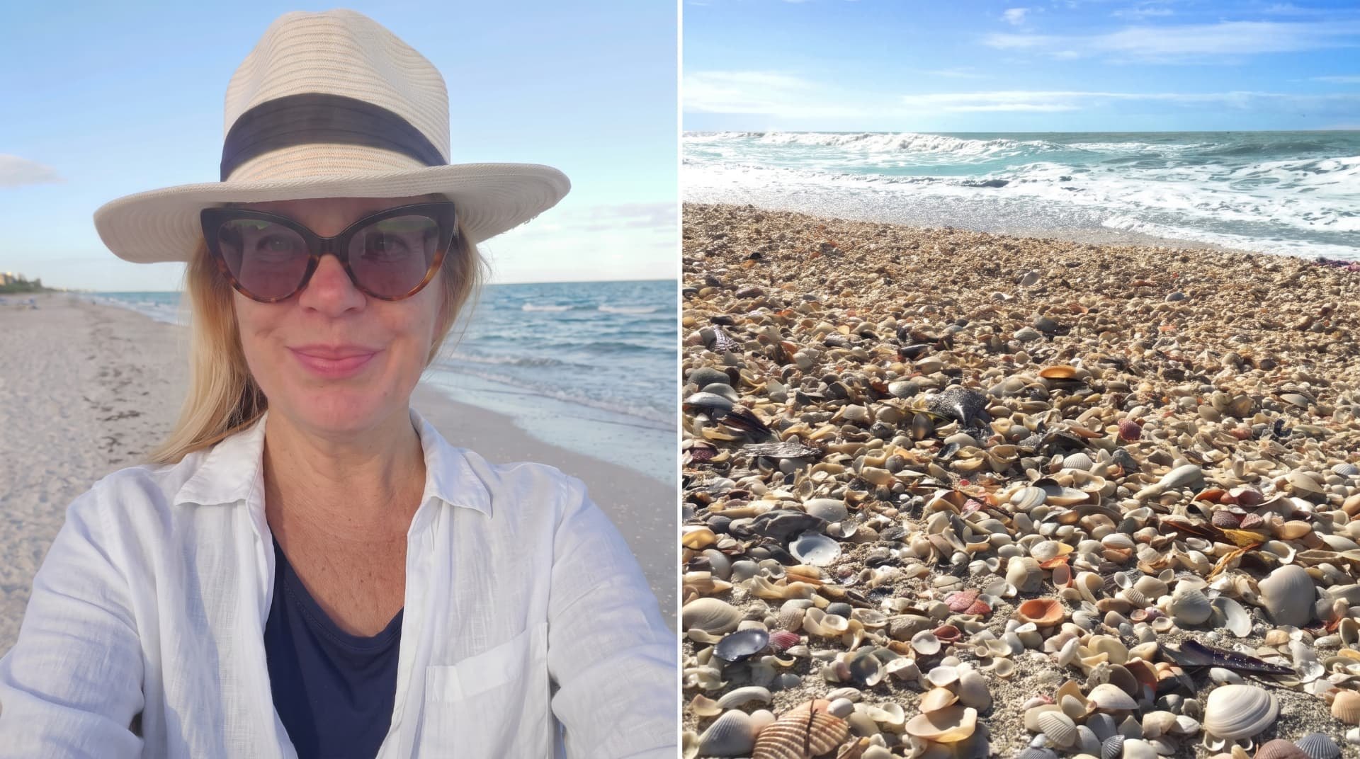 Dr. Nancy Richmond on a shell-covered beach on Sanibel Island, Florida